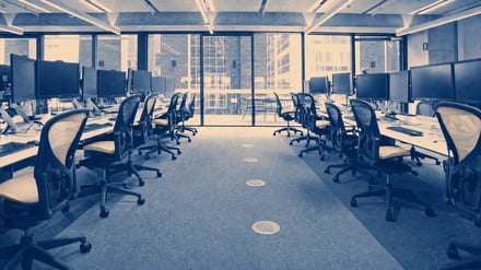Rows of computer monitors and empty office chairs beside large windows in a blue-toned office.