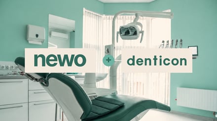 Newo and Denticon dental software integration with a dental chair and equipment in the background.