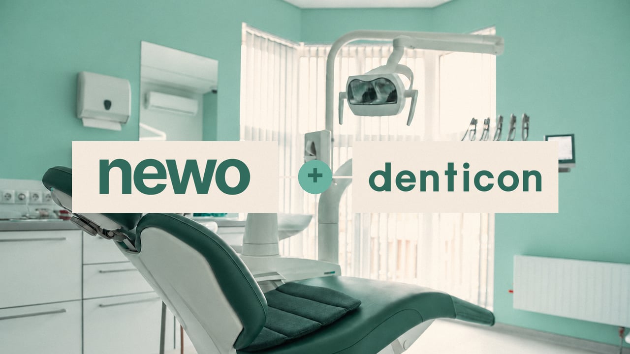 Newo and Denticon dental software integration with a dental chair and equipment in the background.