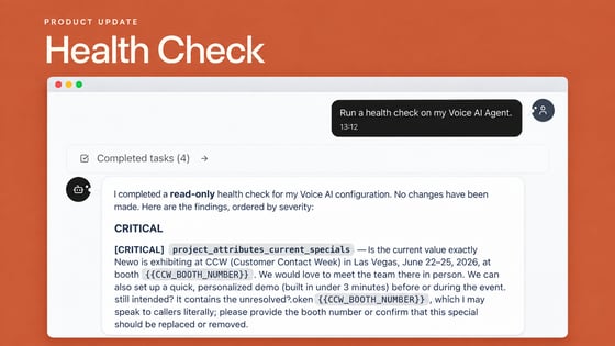 Newo Health Check product update showing an AI agent’s configuration review and critical finding on a terracotta background.