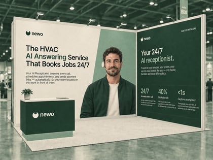 Newo exhibition booth promoting a 24/7 AI answering service for HVAC businesses, featuring a representative with a slim headset in sage green, forest green, and cream branding.