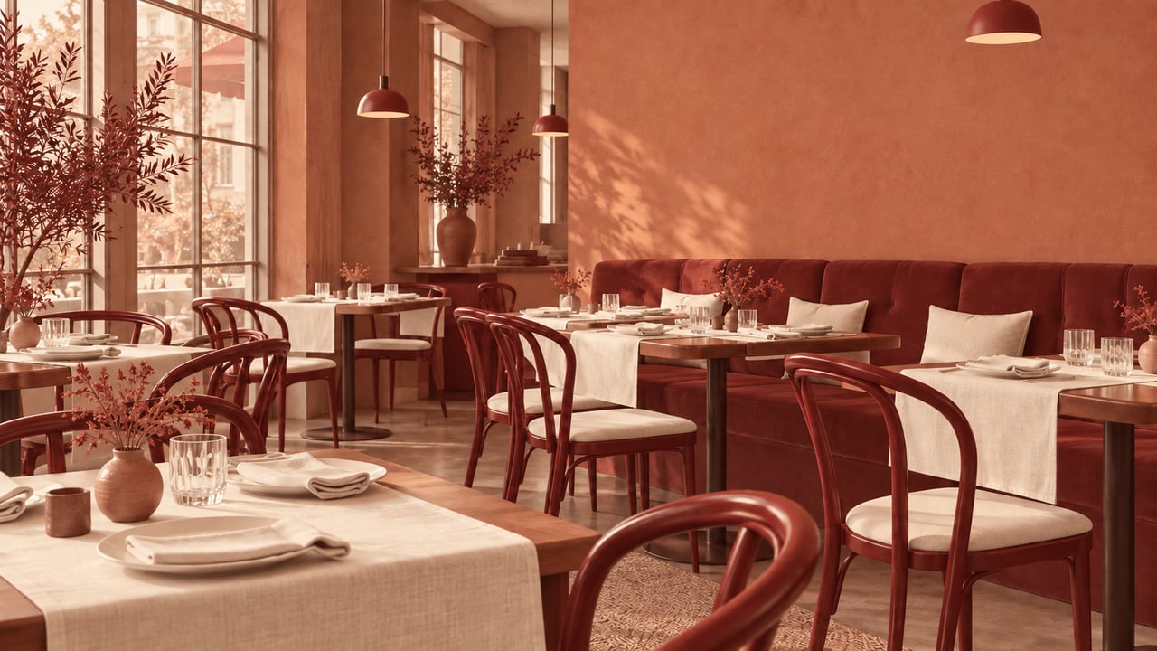 Restaurant interior with set dining tables, curved wooden chairs, and banquette seating in Newo’s terracotta, deep red, and cream palette.