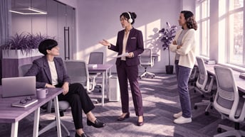 Three colleagues in a sunlit office, with a headset-wearing presenter addressing the group, treated in a muted purple palette.