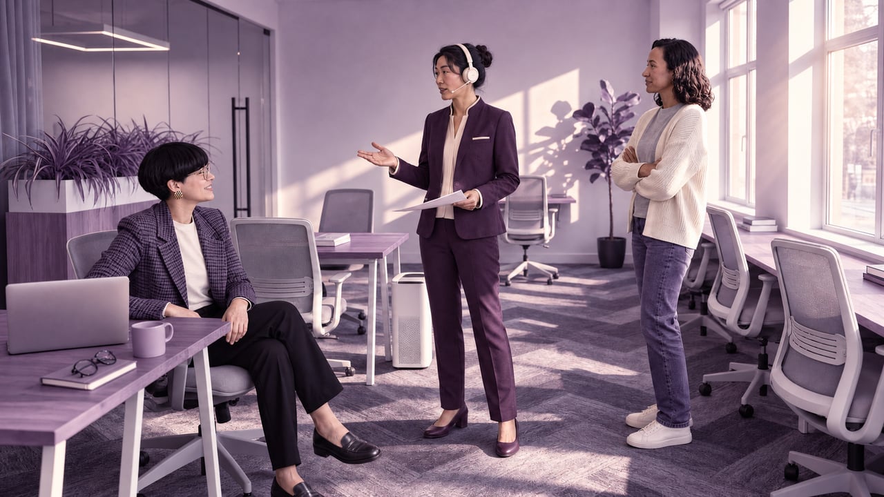 Three colleagues in a sunlit office, with a headset-wearing presenter addressing the group, treated in a muted purple palette.