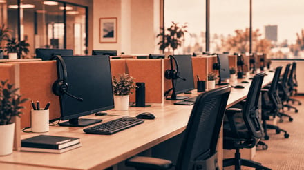 Illustrative contact center workstations prepared for a staged rollout.