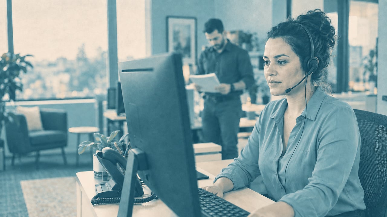 A headset-wearing customer service professional at a workstation while a colleague reviews a report.