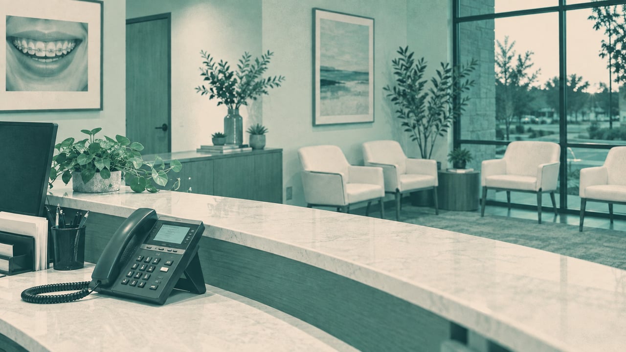 Illustrative orthodontic reception area prepared for after-hours calls.