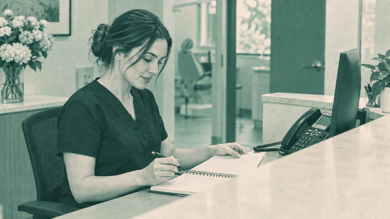 Illustrative dental receptionist returning a patient inquiry by phone.