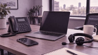 Illustrative workspace with phone, computer, tablet, and headset.
