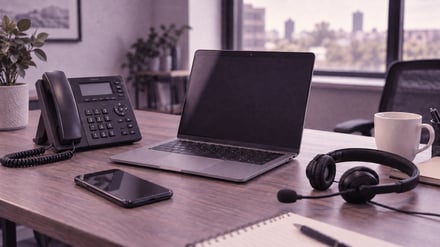 Illustrative workspace with phone, computer, tablet, and headset.