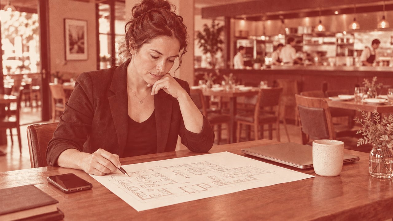 Illustrative restaurant operator reviewing plans for another location.
