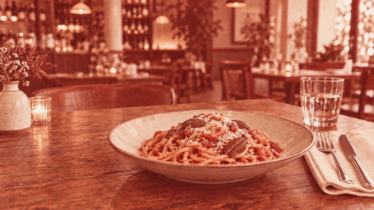 Plate of tomato pasta with basil and parmesan on a wooden restaurant table.