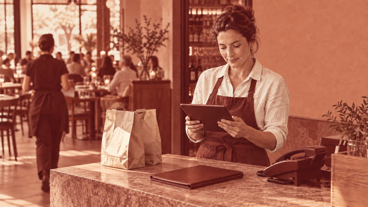 A restaurant manager holding a tablet beside a telephone and takeaway bags during service.