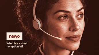 Woman wearing a headset in a warm terracotta tone, with the newo logo and the title What is a virtual receptionist?