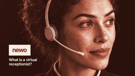 Woman wearing a headset in a warm terracotta tone, with the newo logo and the title What is a virtual receptionist?