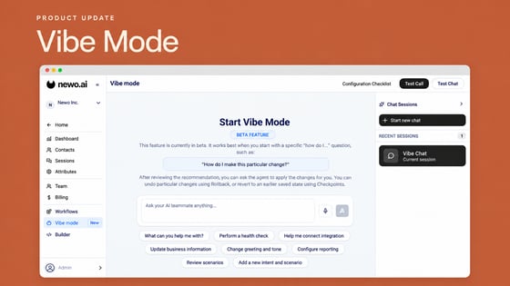 Newo Vibe Mode product update showing the AI teammate interface on a terracotta background.