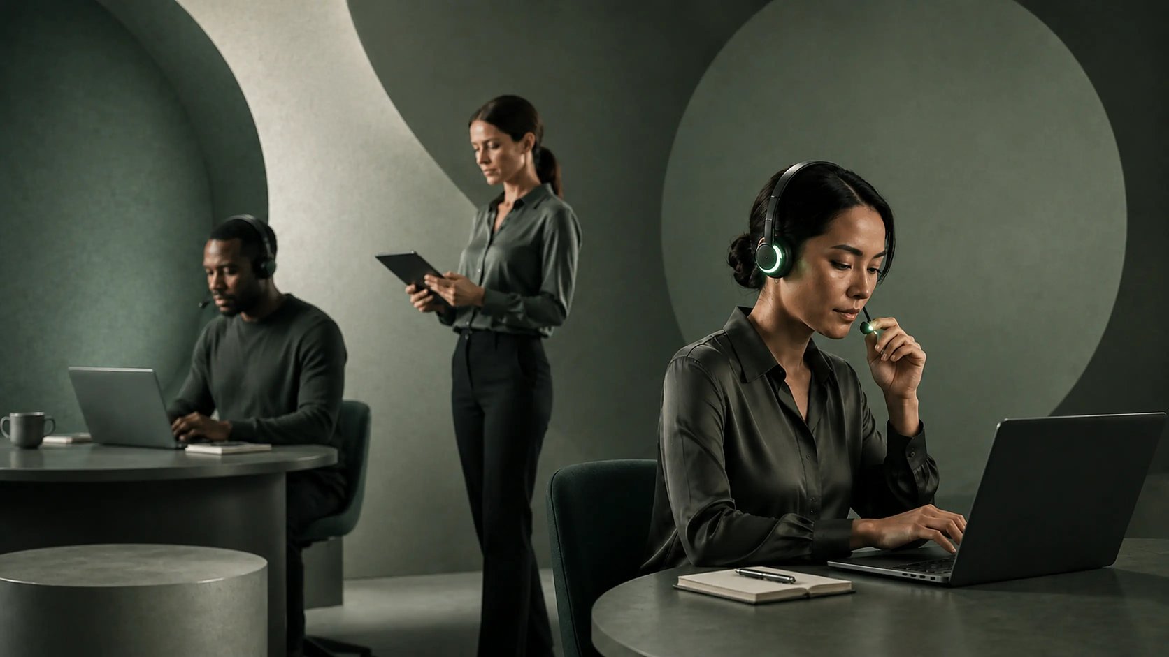 A team member wearing a Newo headset, taking an inbound call at her desk