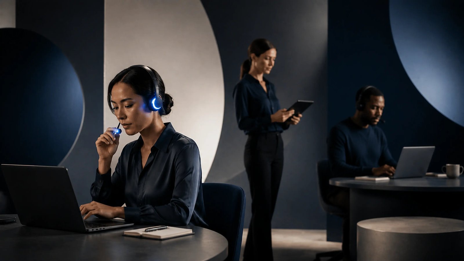 A contact center team wearing Newo communications earpieces