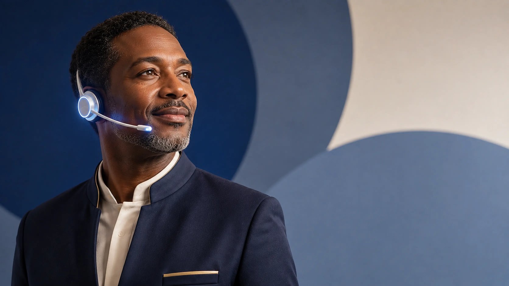 A hotel front desk manager wearing a Newo communications earpiece, listening on a call
