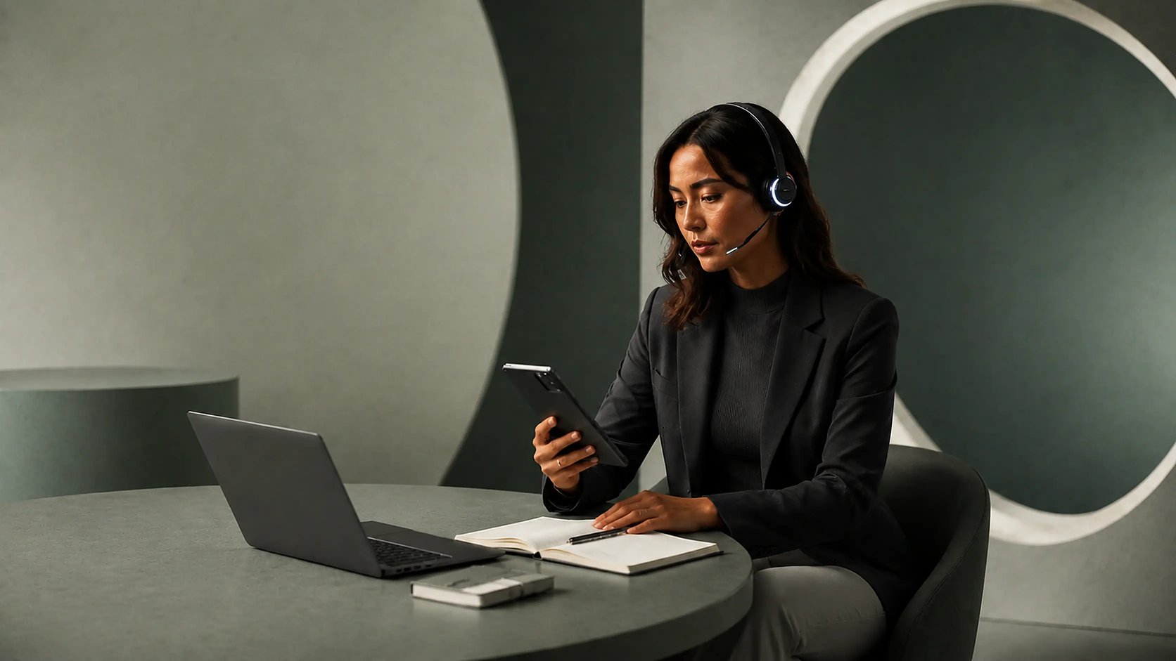 A team member wearing a Newo headset, taking an inbound call at her desk