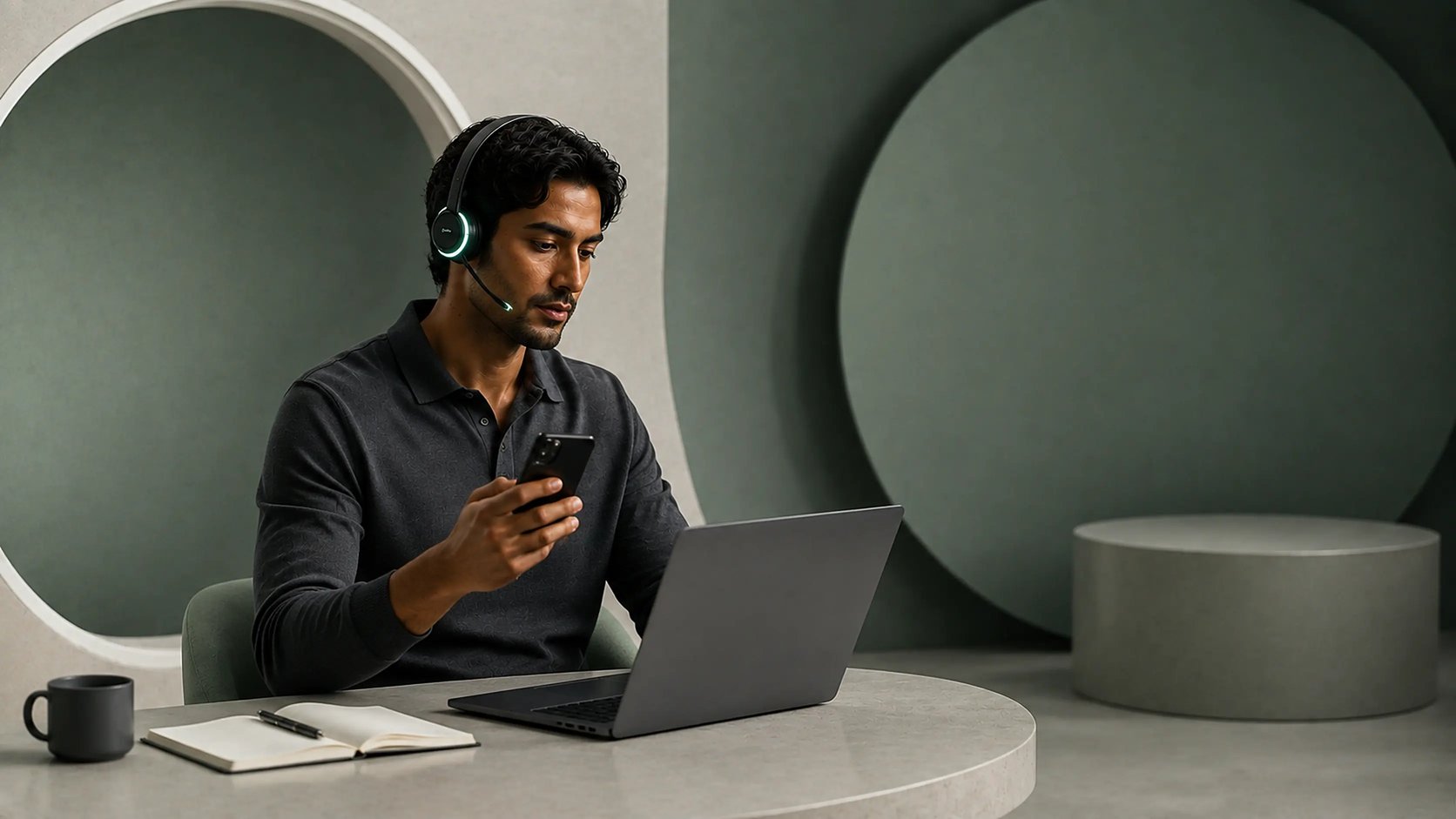 A team member wearing a Newo headset, taking an inbound call at her desk