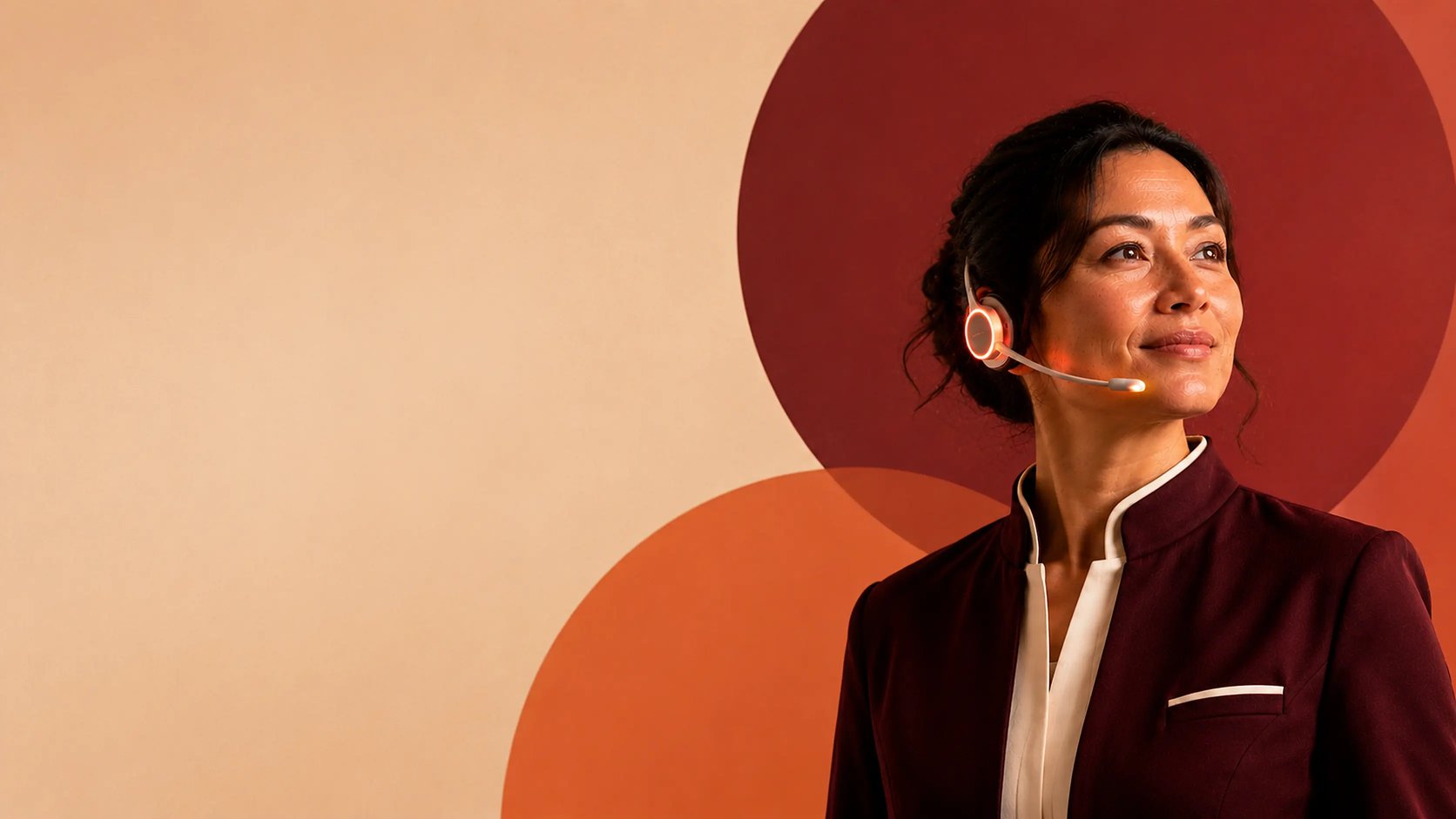 A front-of-house manager wearing a headset, mid-conversation