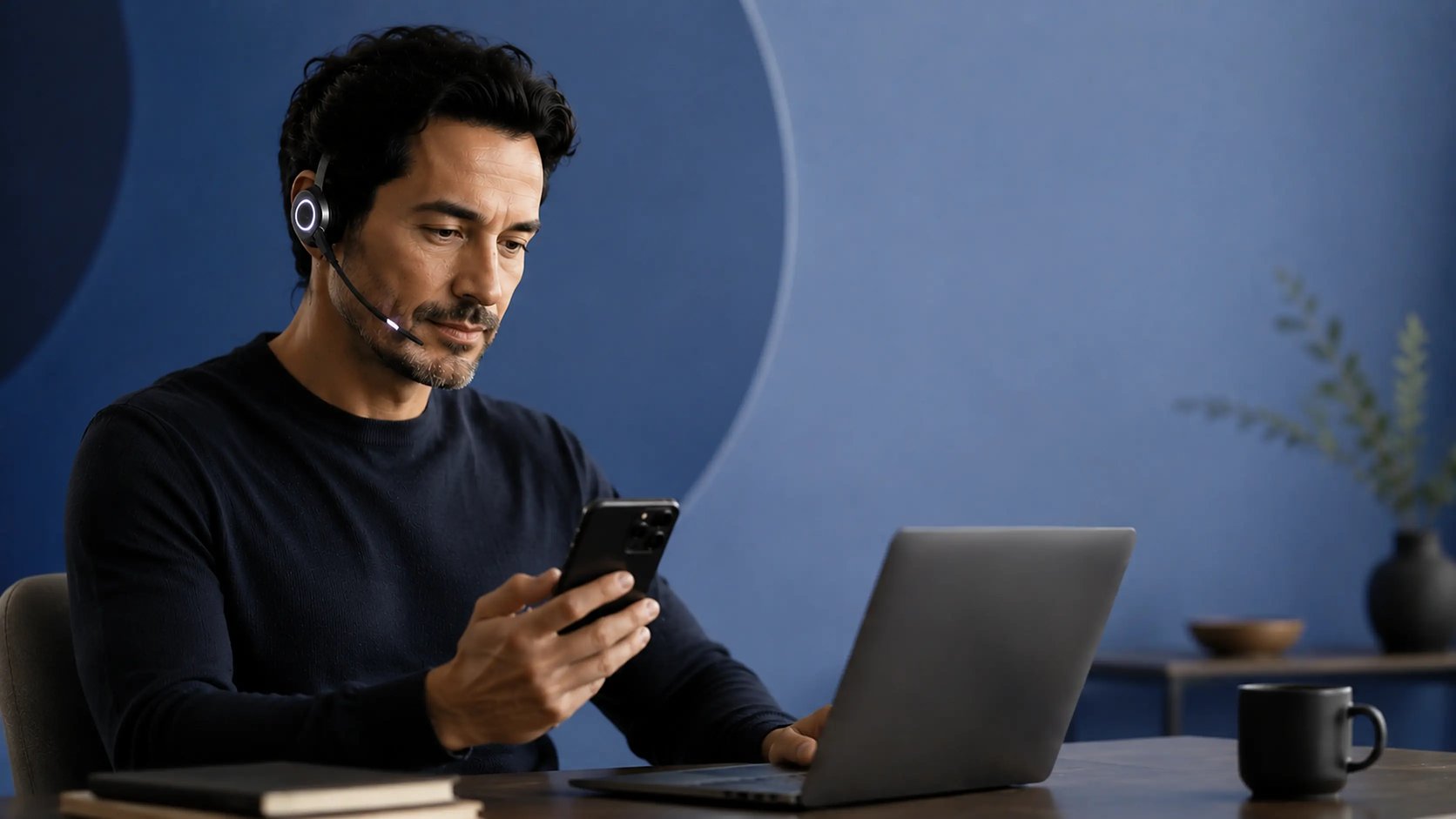 A team member wearing a headset, replying to a customer text at his desk