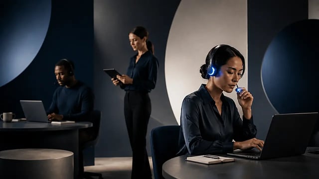 A contact center professional wearing a Newo communications earpiece