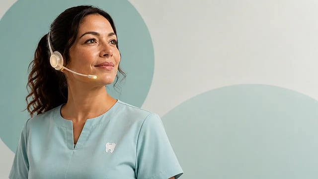 A dental professional wearing a Newo communications earpiece