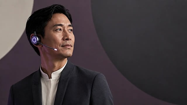 A financial services professional wearing a Newo communications earpiece