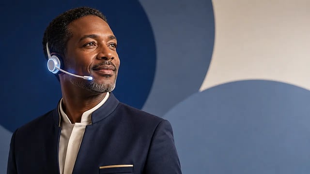 A hospitality professional wearing a Newo communications earpiece