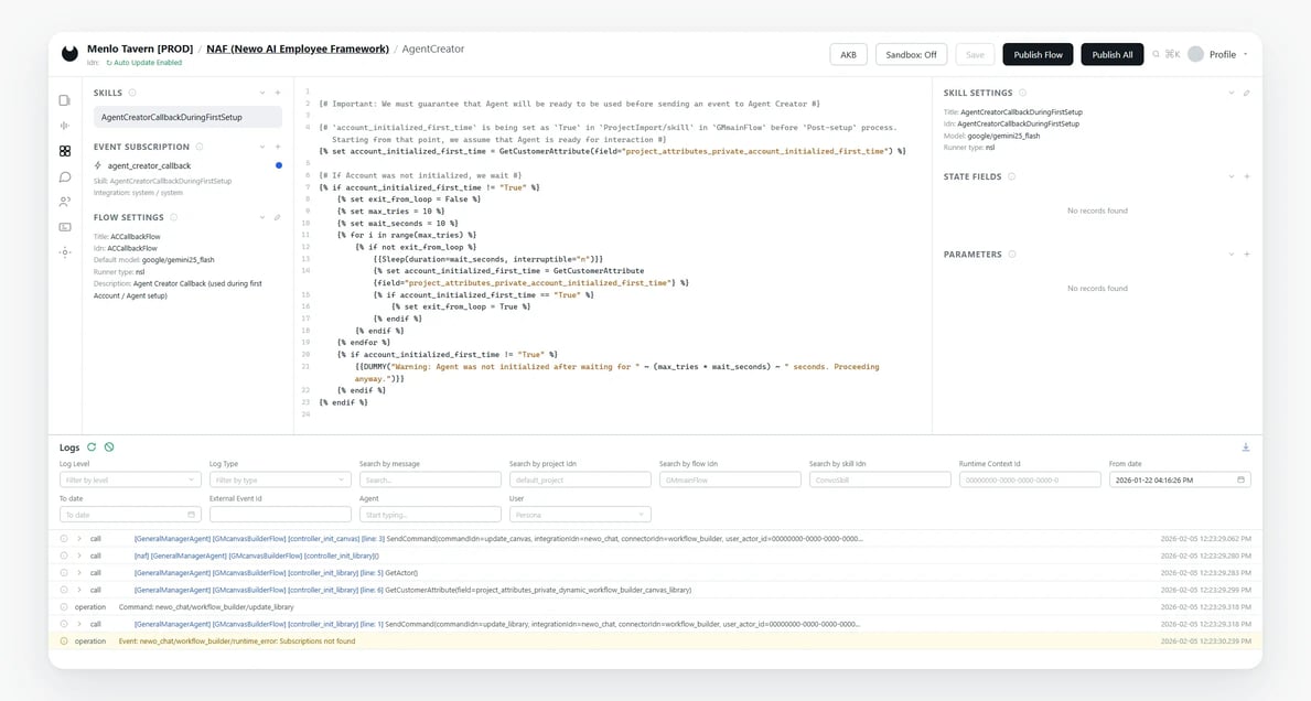 The Newo flow editor, showing agent code alongside the live event log
