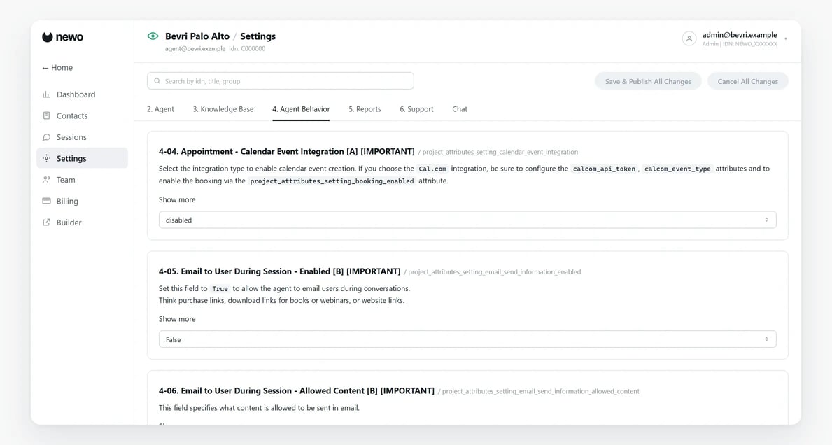 The Newo settings screen, showing agent behaviour options as plain form fields