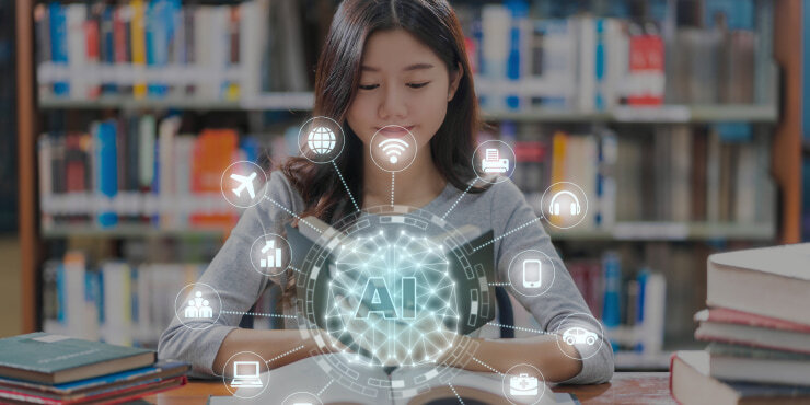 Student with AI learning interface