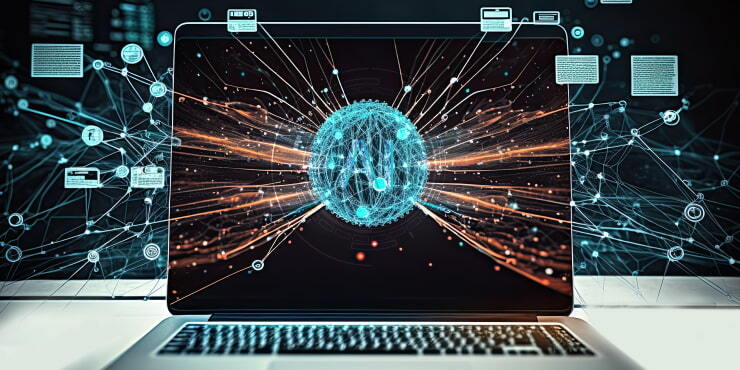 Laptop showing AI network for ethical standards