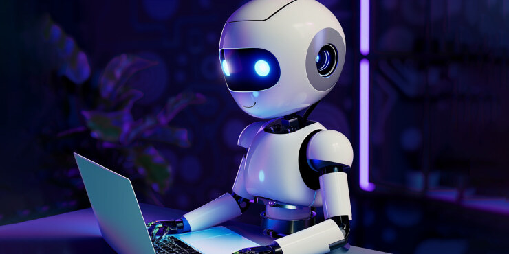 Smiling AI chatbot using a laptop in a tech-themed room