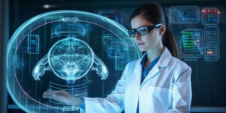 Doctor examining AI turtle hologram