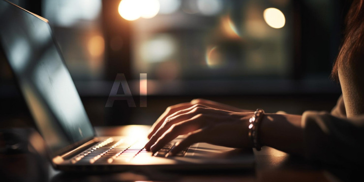Hands Typing on Laptop with AI Graphics