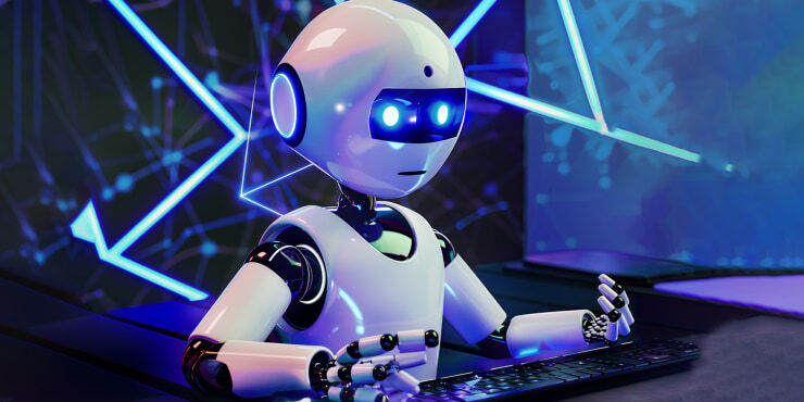 Focused AI chatbot typing on a keyboard with a digital background