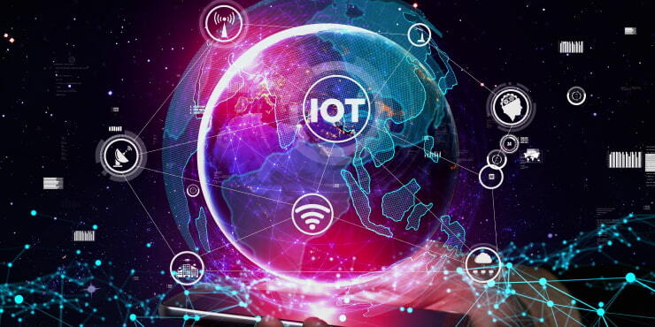 IoT globe with data points and icons