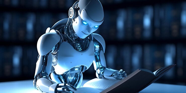 AI robot reading book on data management