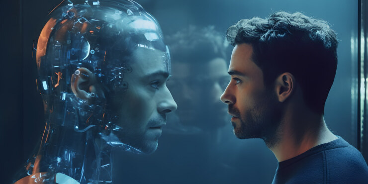 Man faces humanoid robot