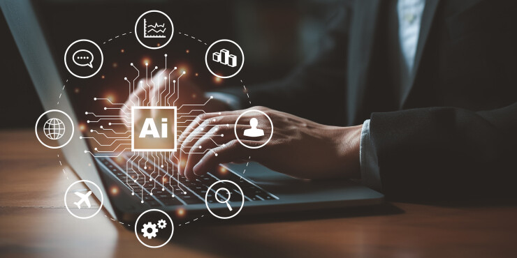 Hands on laptop with AI interface