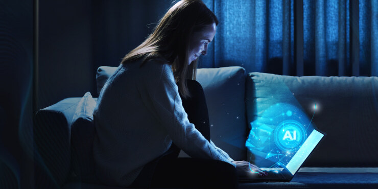 Woman using AI assistant on laptop at home
