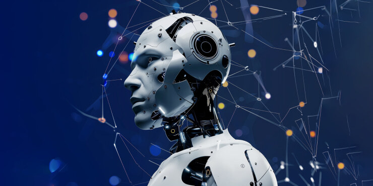 Close-up of AI insurance agent's face
