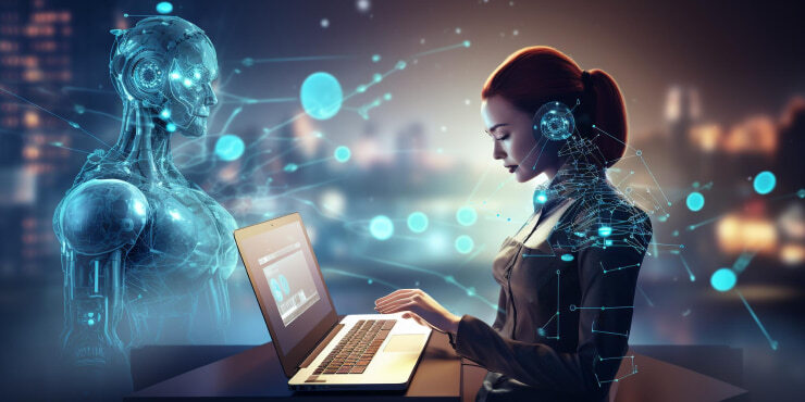 Woman with AI and laptop for customer service