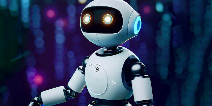 Smiling AI customer support bot in a tech environment