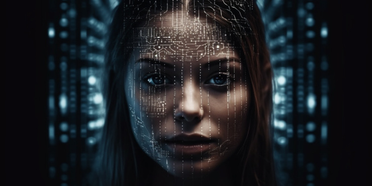 Woman's face overlaid with digital patterns