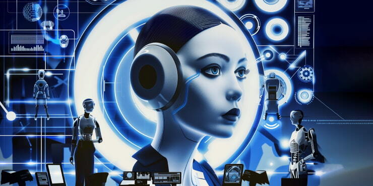 Robotic figure with a headset surrounded by marketing automation interfaces