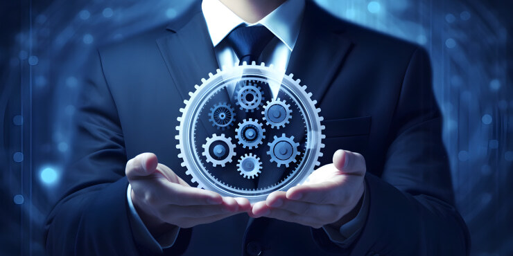Businessperson with glowing gears symbolizing OpEx